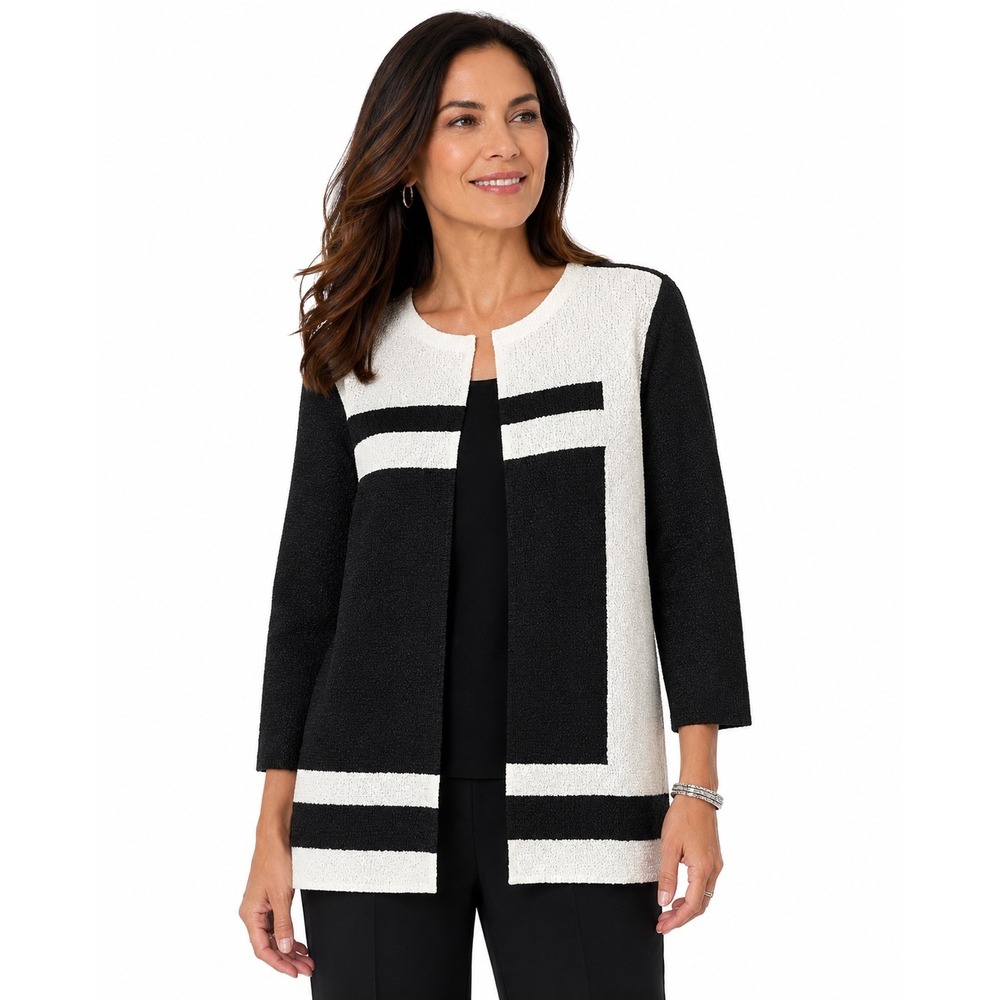 Chicos Travelers Collection Stripe Pattern Open Jacket‎ Black White Crepe 2 NEW